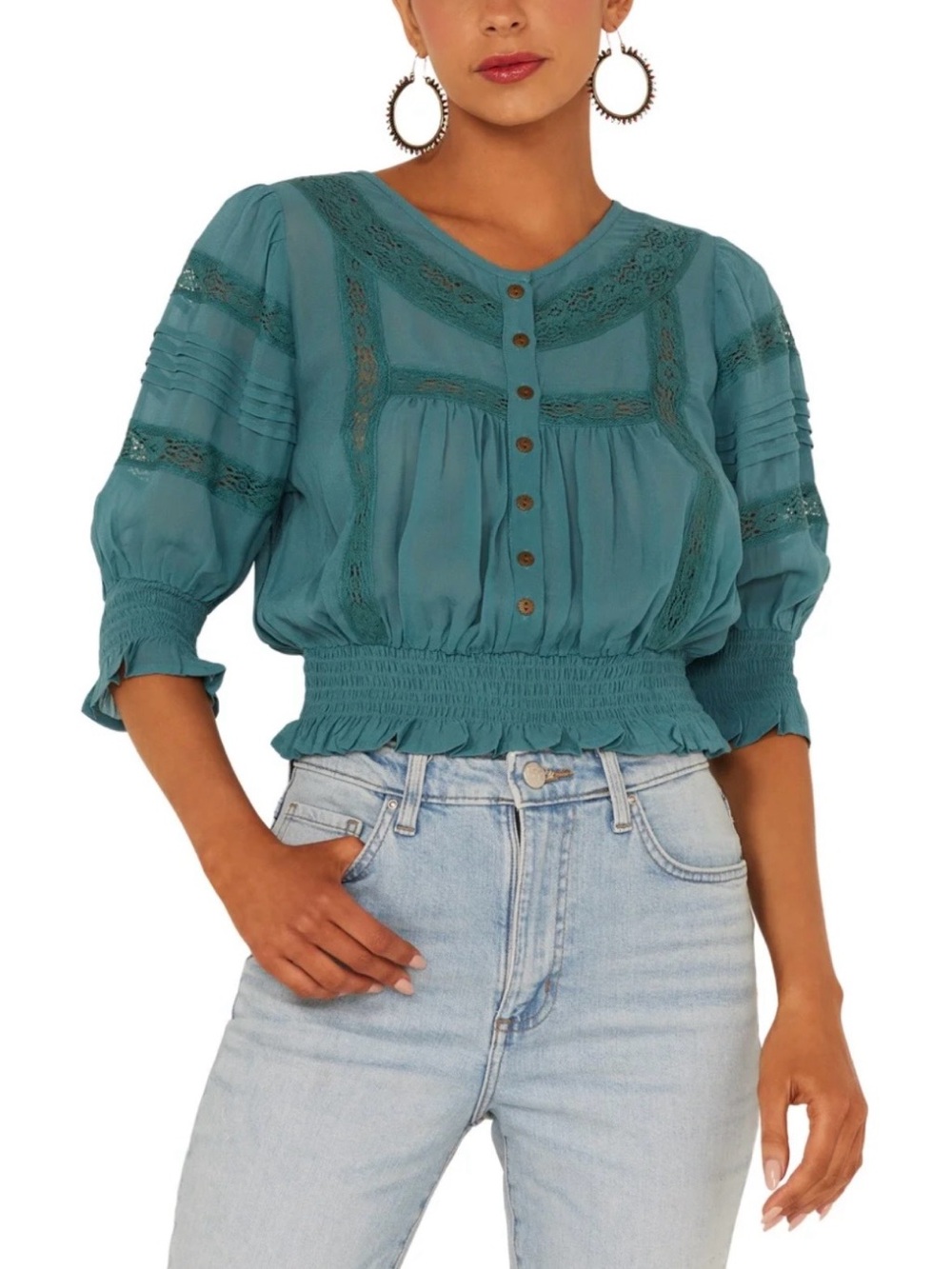 Patrons of Peace Teal Lace-Trim Peasant Blouse